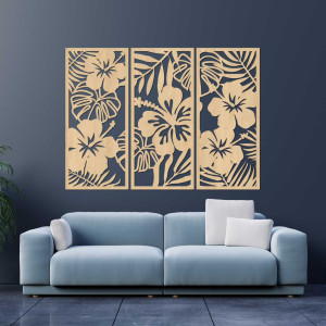 Dreiteiliges Holzbild „Tropische Blumen und Monstera“ 2