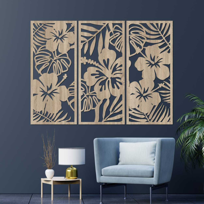 Dreiteiliges Holzbild „Tropische Blumen und Monstera“