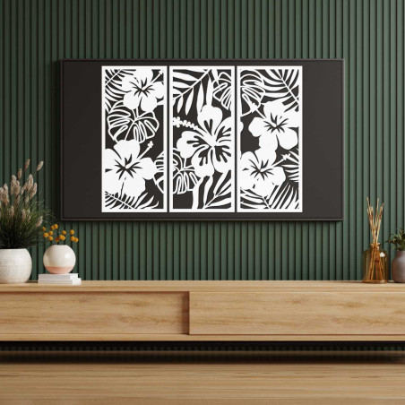 Dreiteiliges Holzbild „Tropische Blumen und Monstera“