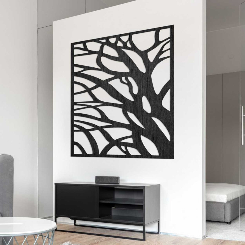 Wanddekoration aus Holz mit abstraktem Baum- und Wurzelmotiv