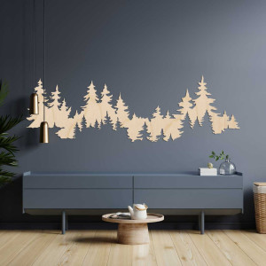 Nahaufnahme einer Waldsilhouette aus Holz, montiert auf einer weißen Wand. 2