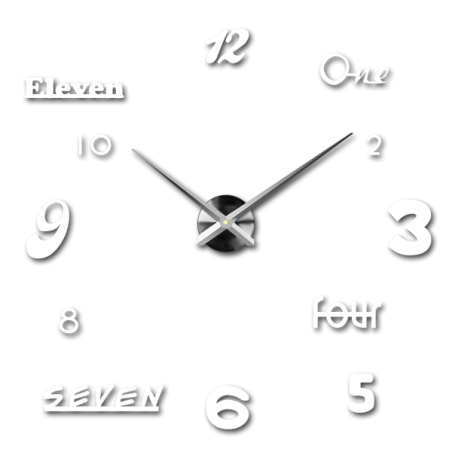 Designer-Wanduhr mit einer Kombination aus Zahlen und Wörtern in kreativer Anordnung.