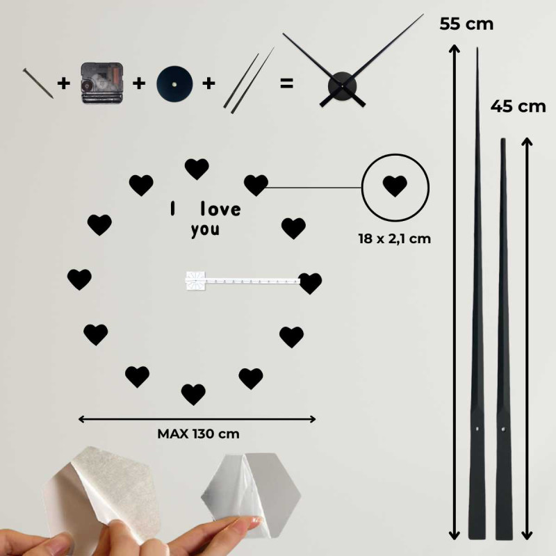 Minimalistische „Ich liebe dich“-Wanduhr mit schwarzen Herzen