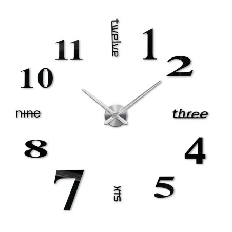 Aufklebbare Uhr mit markanten Zeigern und unkonventioneller Zahlentypografie.