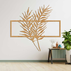 Wanddekoration aus Holz mit tropischen Blättern in einem modernen Rahmen