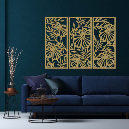 Dreiteiliges Holzbild mit Blumenmotiv – moderne Wanddekoration für das Wohnzimmer mit natürlichem Motiv.