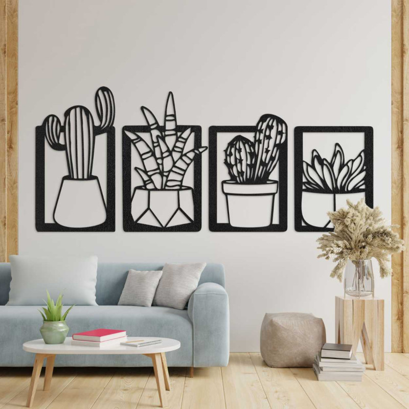 Designer Holzbildset mit Kakteen in geometrischen Blumentöpfen