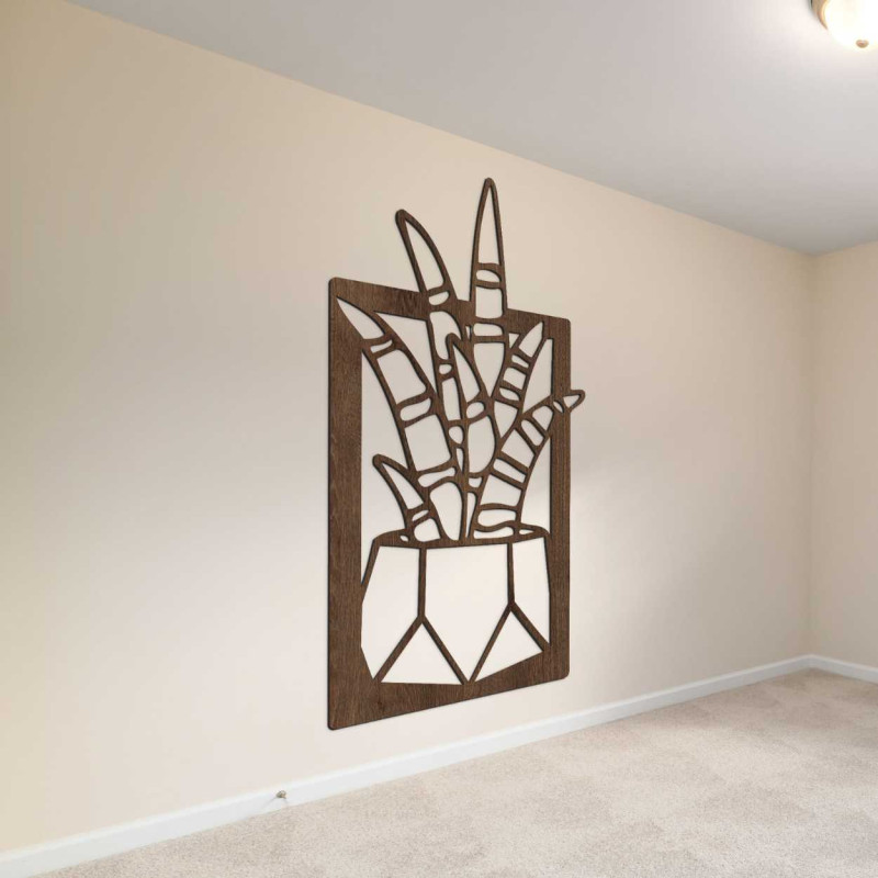 Wanddekoration aus Holz mit vier Motiven von Sukkulenten und Kakteen in Töpfen