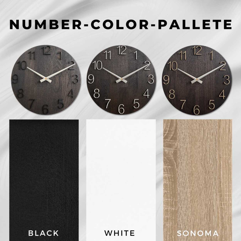 Moderne Holzuhr mit schlichtem Zifferblatt und Metallzeigern.