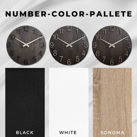 Moderne Holzuhr mit schlichtem Zifferblatt und Metallzeigern.