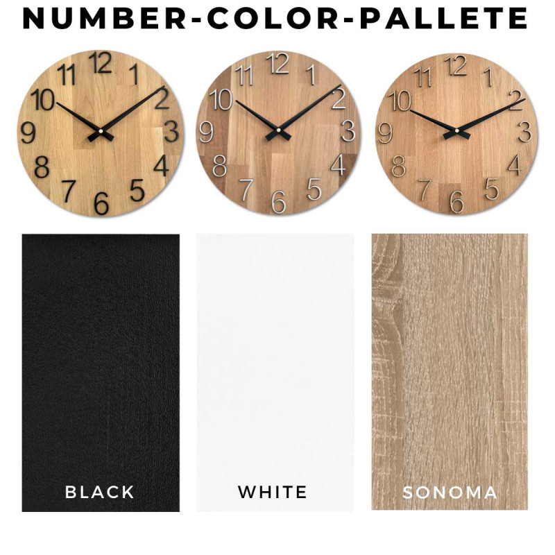 Runde Uhr mit einem dekorativen Ausschnitt in der Mitte und einem filigranen Holzmaserung.