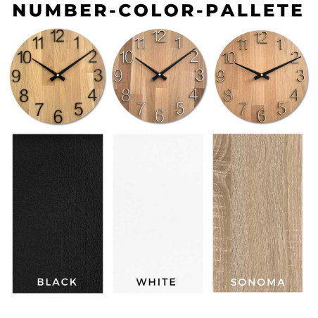 Runde Uhr mit dekorativem Ausschnitt in der Mitte und zartem Holzmuster.