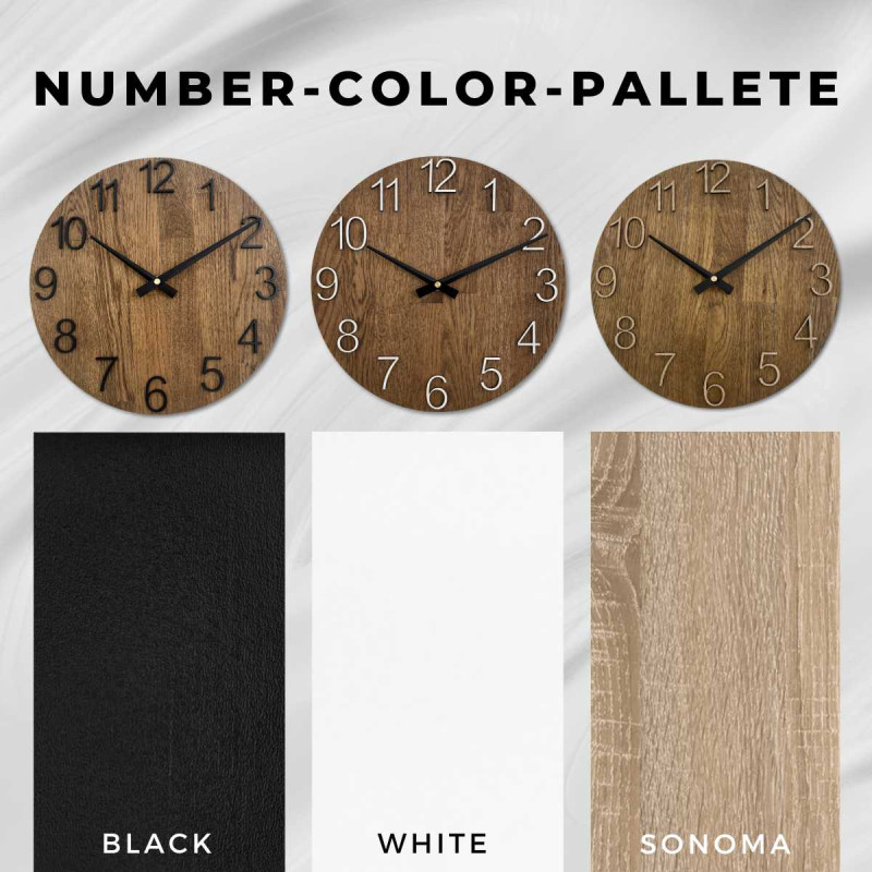 Runde Uhr mit dekorativem Ausschnitt in der Mitte und zartem Holzmuster.