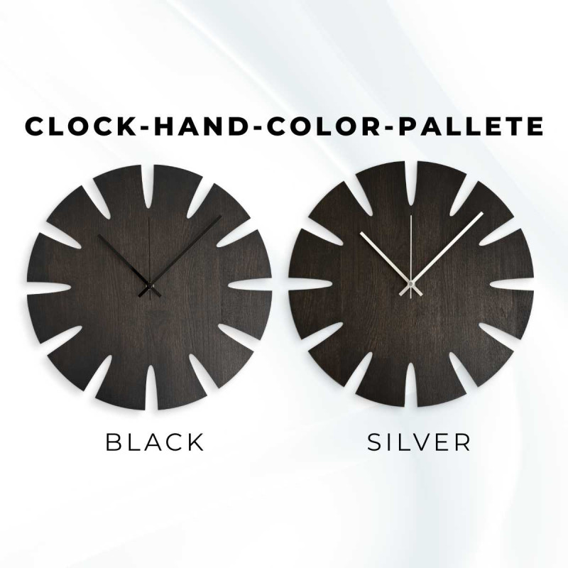 Große Holzuhr mit schlichtem Zifferblatt für ein modernes Interieur.