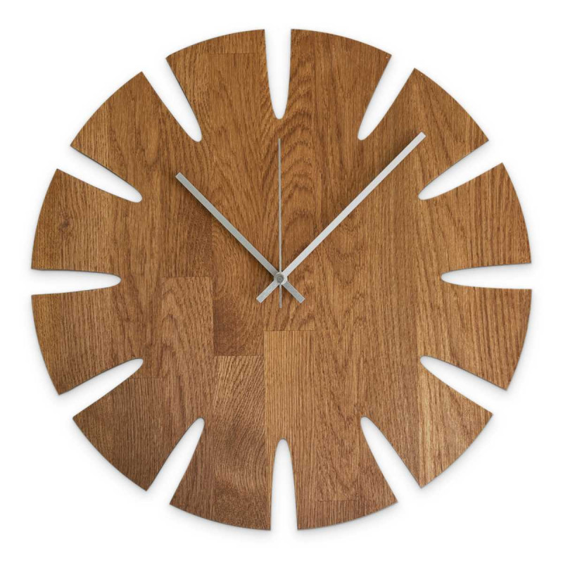 Wanduhr aus Holz mit modernem, minimalistischem Design, geeignet für das Wohnzimmer.