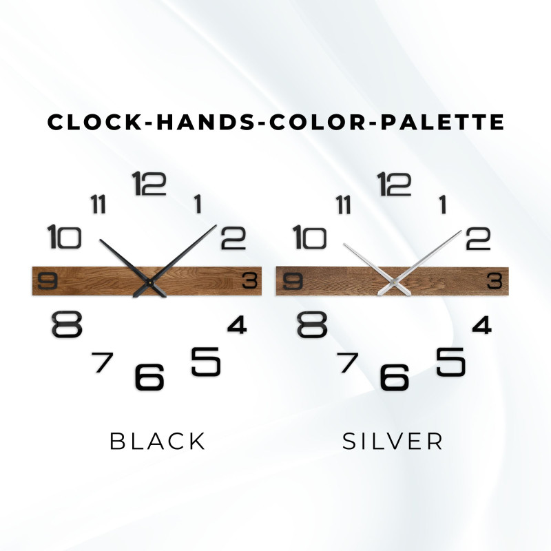 Designer-Wanduhr aus Holz mit dunklen Zeigern und separaten, großen Zahlen.