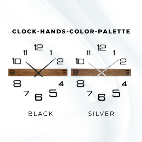 Designer-Wanduhr aus Holz mit dunklen Zeigern und separaten, großen Zahlen.