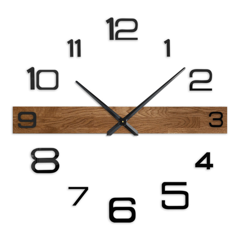 Küchenuhr aus Holz mit dunklem Holz und leuchtend schwarzen Zahlen.