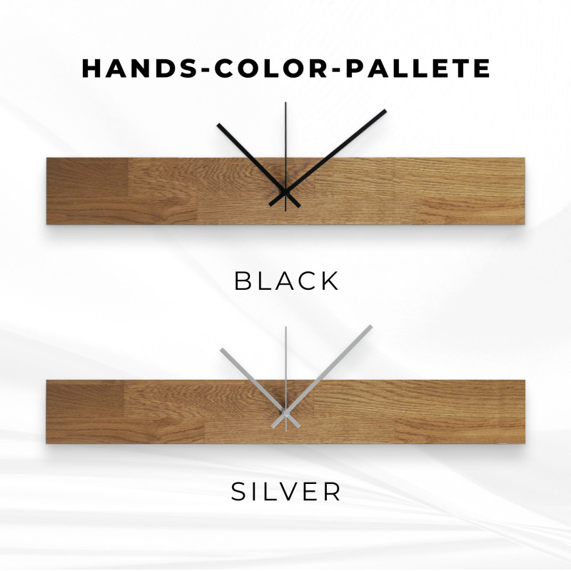 Holzuhr mit horizontalem Holzelement und schwarzen arabischen Ziffern, geeignet für das Wohnzimmer.