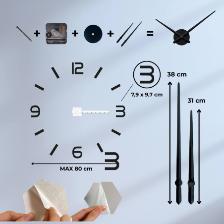 Moderne, große, rahmenlose Wanduhr mit silbernen Ziffern und Zeigern