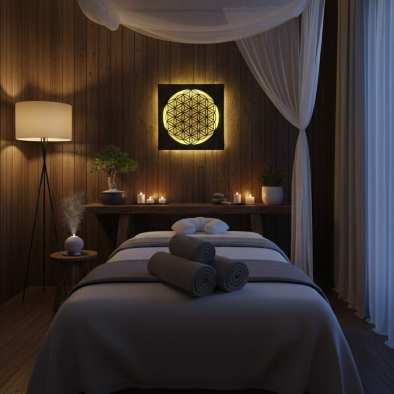 Hinterleuchtetes Holzmandala – Innendekoration, entspannendes Licht und handgeschnitztes Ornament.