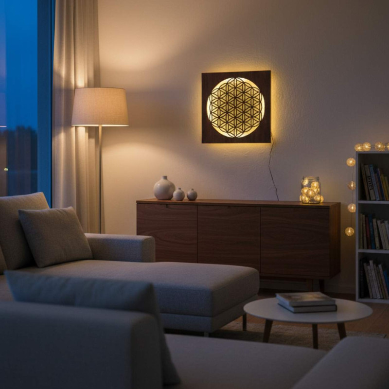 Hinterleuchtetes Holzmandala – Innendekoration, entspannendes Licht und handgeschnitztes Ornament.