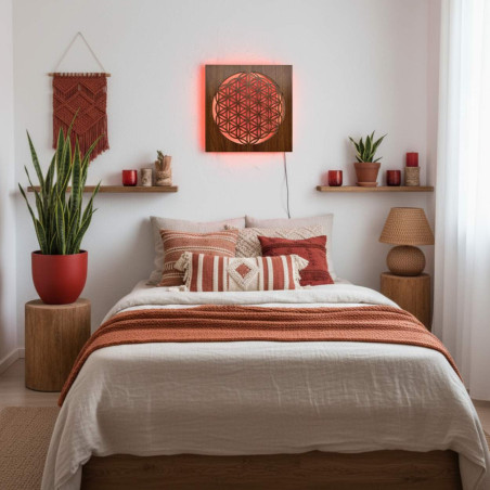 Hinterleuchtetes Holzmandala – Innendekoration, entspannendes Licht und handgeschnitztes Ornament.