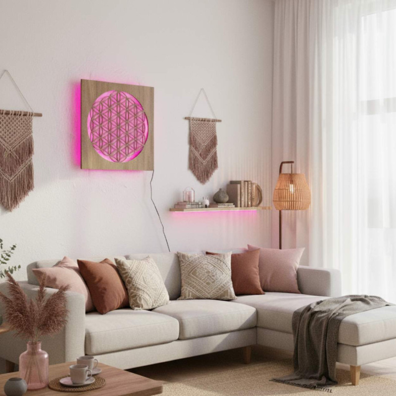 Hinterleuchtetes Holzmandala – Innendekoration, entspannendes Licht und handgeschnitztes Ornament.