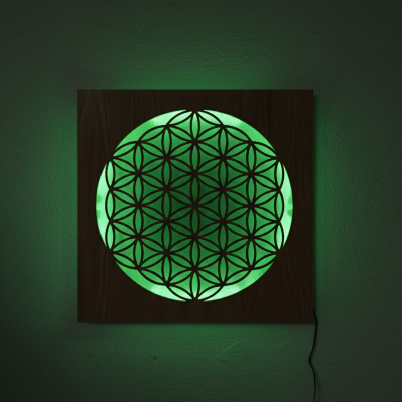 Hinterleuchtetes Holzmandala – Innendekoration, entspannendes Licht und handgeschnitztes Ornament.