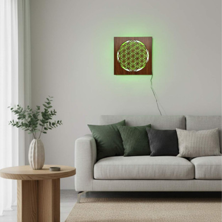Mandala aus Holz mit LED-Hintergrundbeleuchtung – ideal als Tischdekoration oder Geschenk für Harmonieliebhaber.