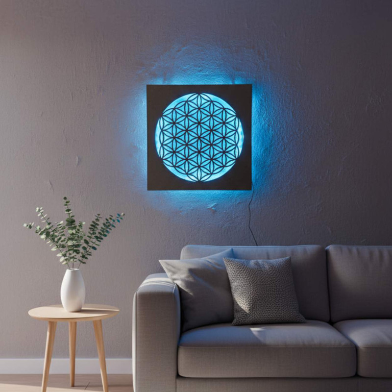 Hinterleuchtetes Holzmandala – Innendekoration, entspannendes Licht und handgeschnitztes Ornament.