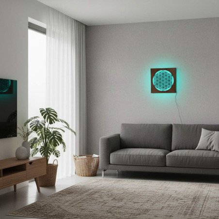 Mandala aus Holz mit LED-Hintergrundbeleuchtung – ideal als Tischdekoration oder Geschenk für Harmonieliebhaber.