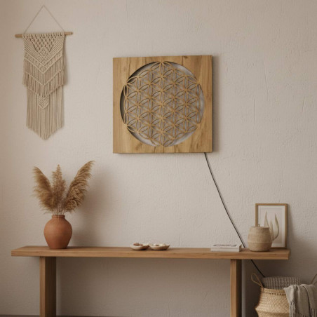 Mandala aus Holz mit LED-Hintergrundbeleuchtung – ideal als Tischdekoration oder Geschenk für Harmonieliebhaber.