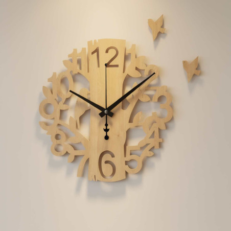 Wanduhr aus Holz mit Vogelmotiv | Designer-Wanduhr