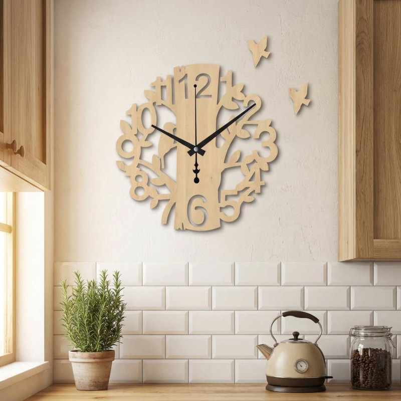 Wanduhr aus Holz mit Vogelmotiv | Designer-Wanduhr