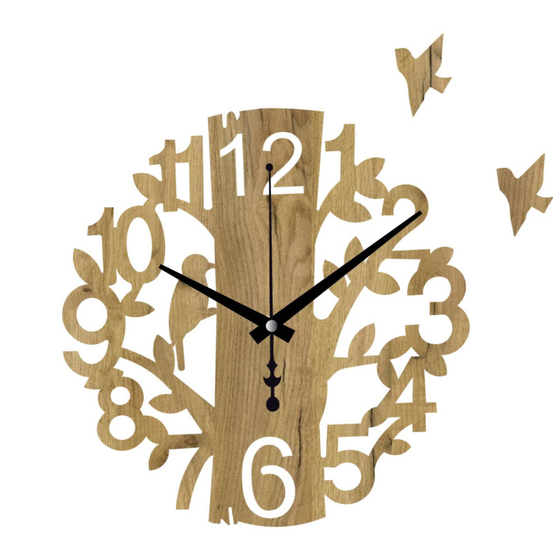 Wanduhr aus Holz, Lebensbaum mit Vogel