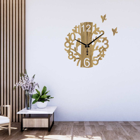 Wanduhr aus Holz, Lebensbaum mit Vogel