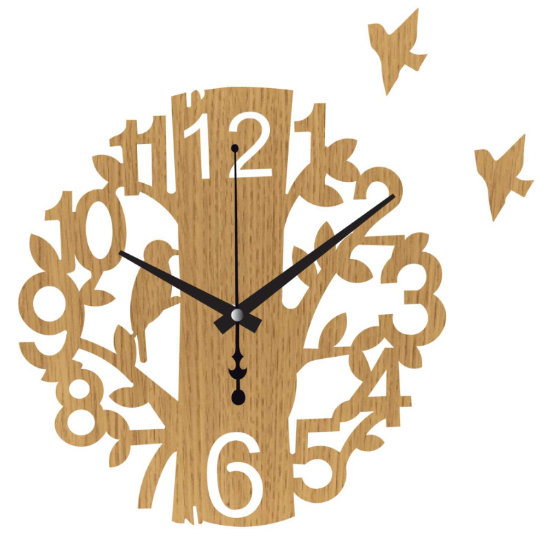 Wanduhr aus Holz, Lebensbaum mit Vogel