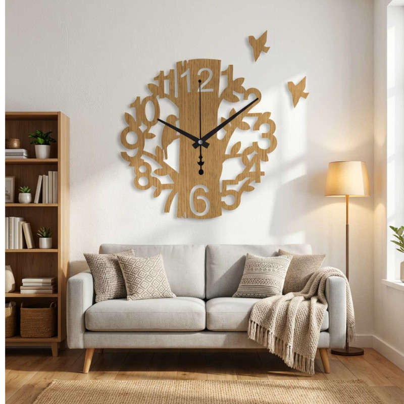 Wanduhr aus Holz, Lebensbaum mit Vogel