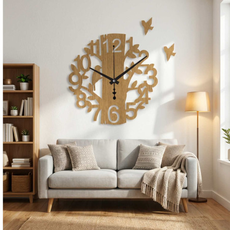 Wanduhr aus Holz, Lebensbaum mit Vogel