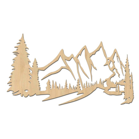 Wandmalerei aus Holz mit einem Motiv von Bergen und dichtem Wald