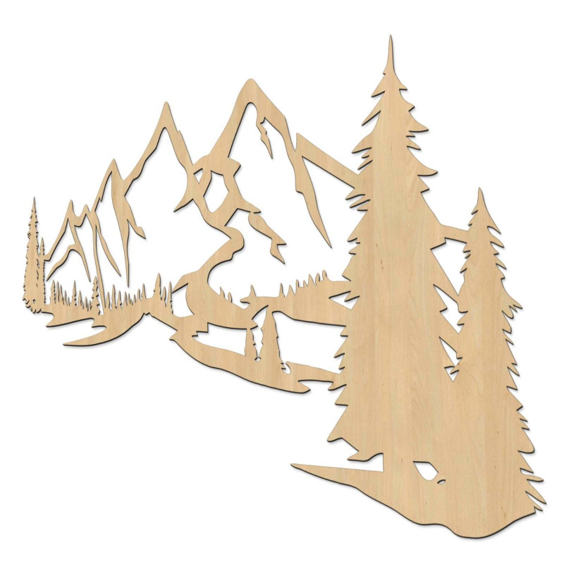 Wandmalerei aus Holz mit einem Motiv von Bergen und dichtem Wald