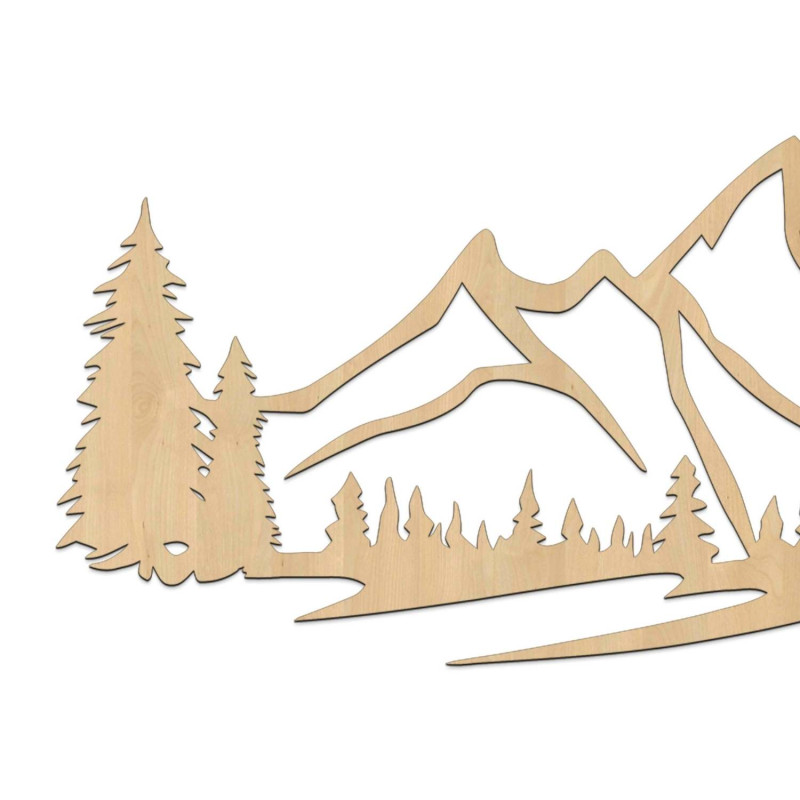 Wandmalerei aus Holz mit einem Motiv von Bergen und dichtem Wald