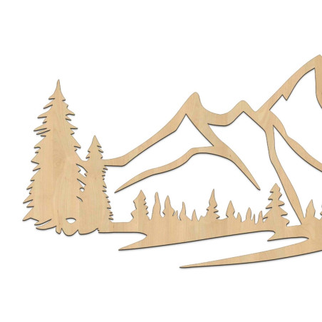 Wandmalerei aus Holz mit einem Motiv von Bergen und dichtem Wald