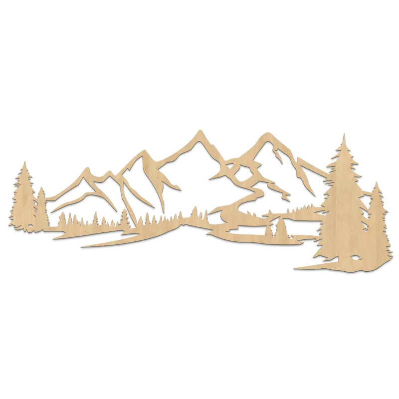 Wandmalerei aus Holz mit einem Motiv von Bergen und dichtem Wald