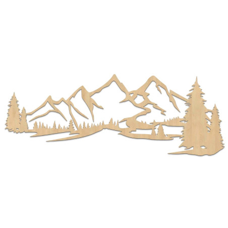 Wandmalerei aus Holz mit einem Motiv von Bergen und dichtem Wald