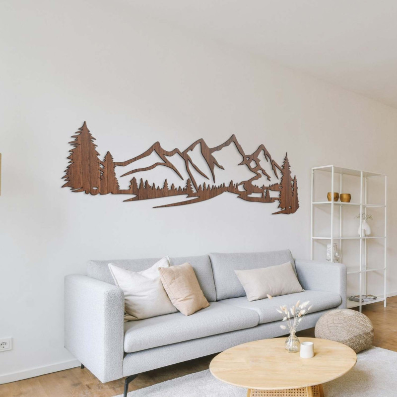 Gemälde aus braunem Walnussholz, Wanddekoration aus Holz – Silhouette von Bergen und Bäumen im Wald