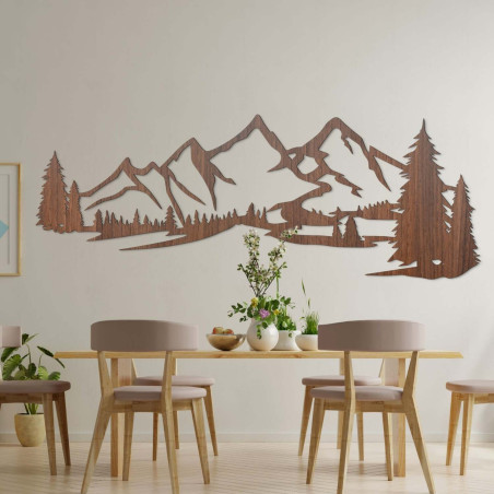 Wanddekoration aus Holz – Silhouette von Bergen und Bäumen im Wald