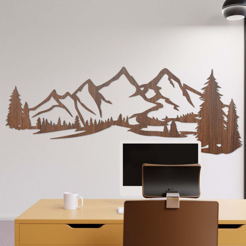 Gemälde aus braunem Walnussholz, Wanddekoration aus Holz – Silhouette von Bergen und Bäumen im Wald