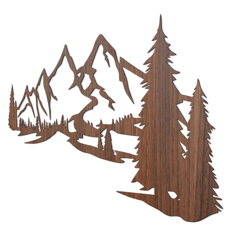 Gemälde aus braunem Walnussholz, Wanddekoration aus Holz – Silhouette von Bergen und Bäumen im Wald